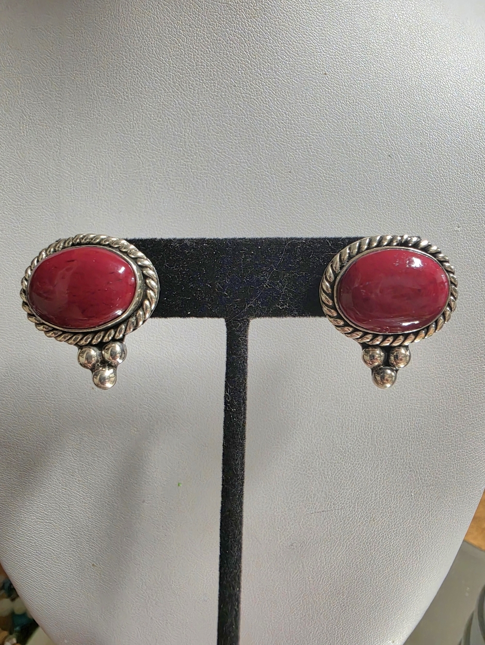 .925 ATI Mexico Sterling and Red Jasper Pierced  Stud Earrings